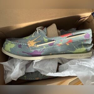 NEW Sperry Denim A/O 2-Eye Textile Boat Shoe Paint Splatter slip on graffiti 12